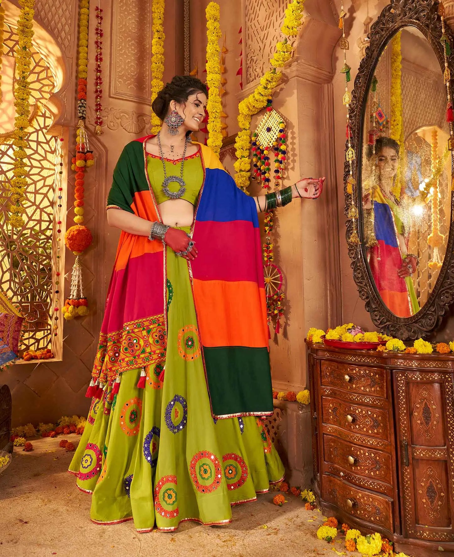 Fluorescent Green Navratri Lehenga With Embroidery & Mirror Work Colorful Dupatta