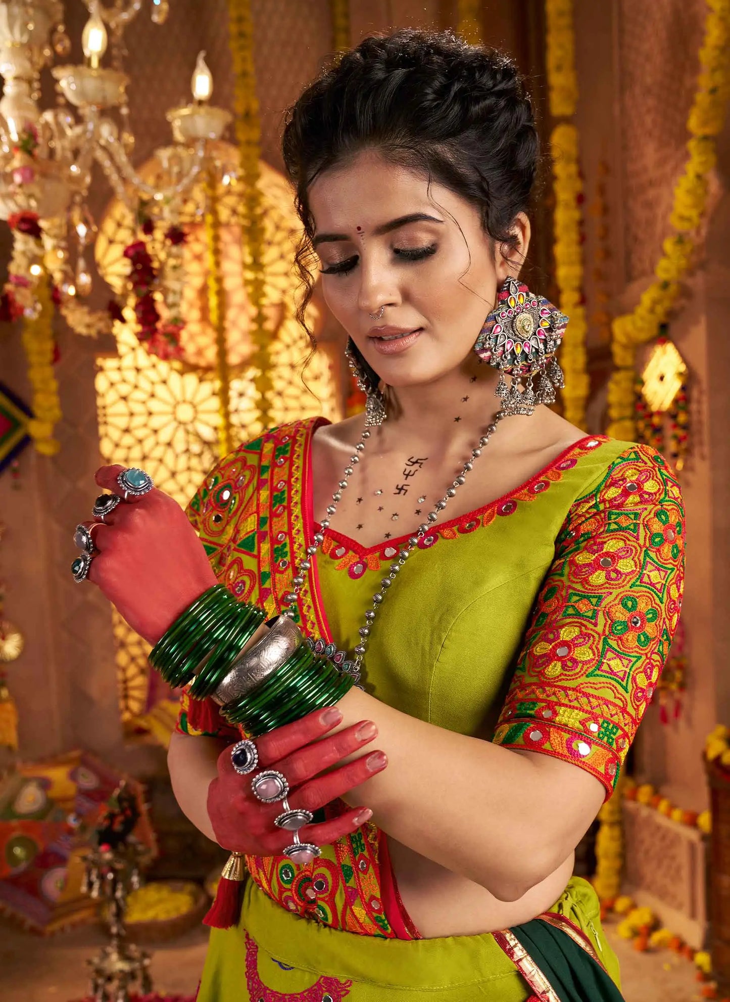 Fluorescent Green Navratri Lehenga With Embroidery & Mirror Work Colorful Dupatta