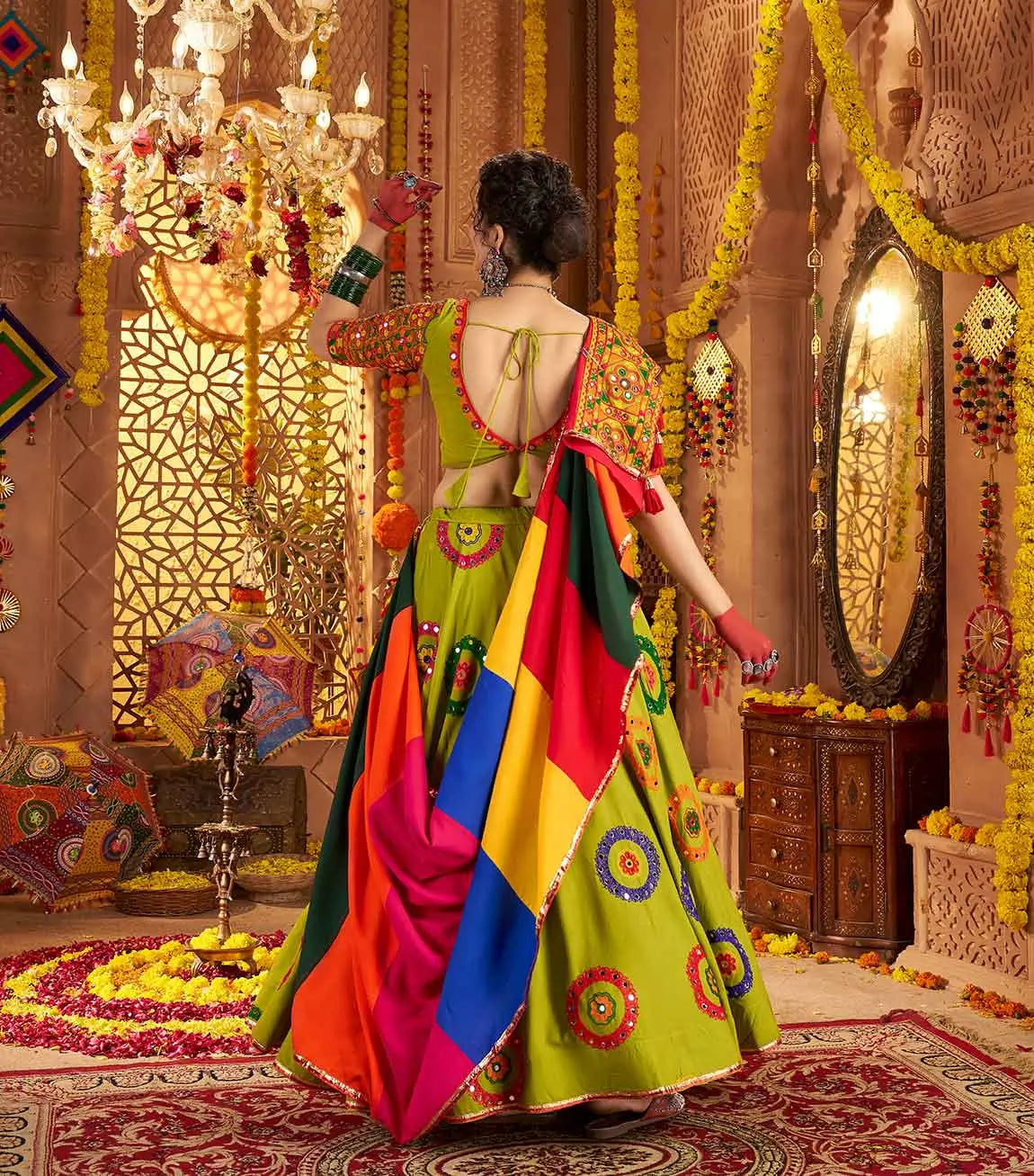 Fluorescent Green Navratri Lehenga With Embroidery & Mirror Work Colorful Dupatta