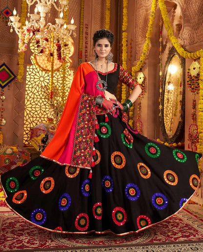 Black Navratri Lehenga With Embroidery & Mirror Work And Colorful Dupatta