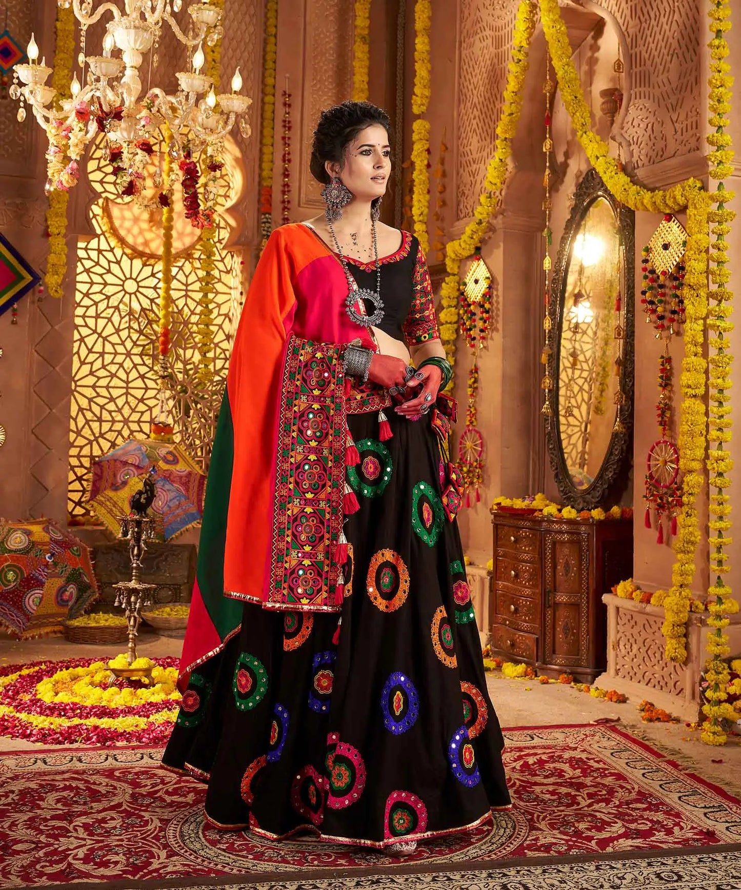 Black Navratri Lehenga With Embroidery & Mirror Work And Colorful Dupatta