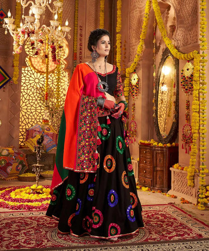 Black Navratri Lehenga With Embroidery & Mirror Work And Colorful Dupatta