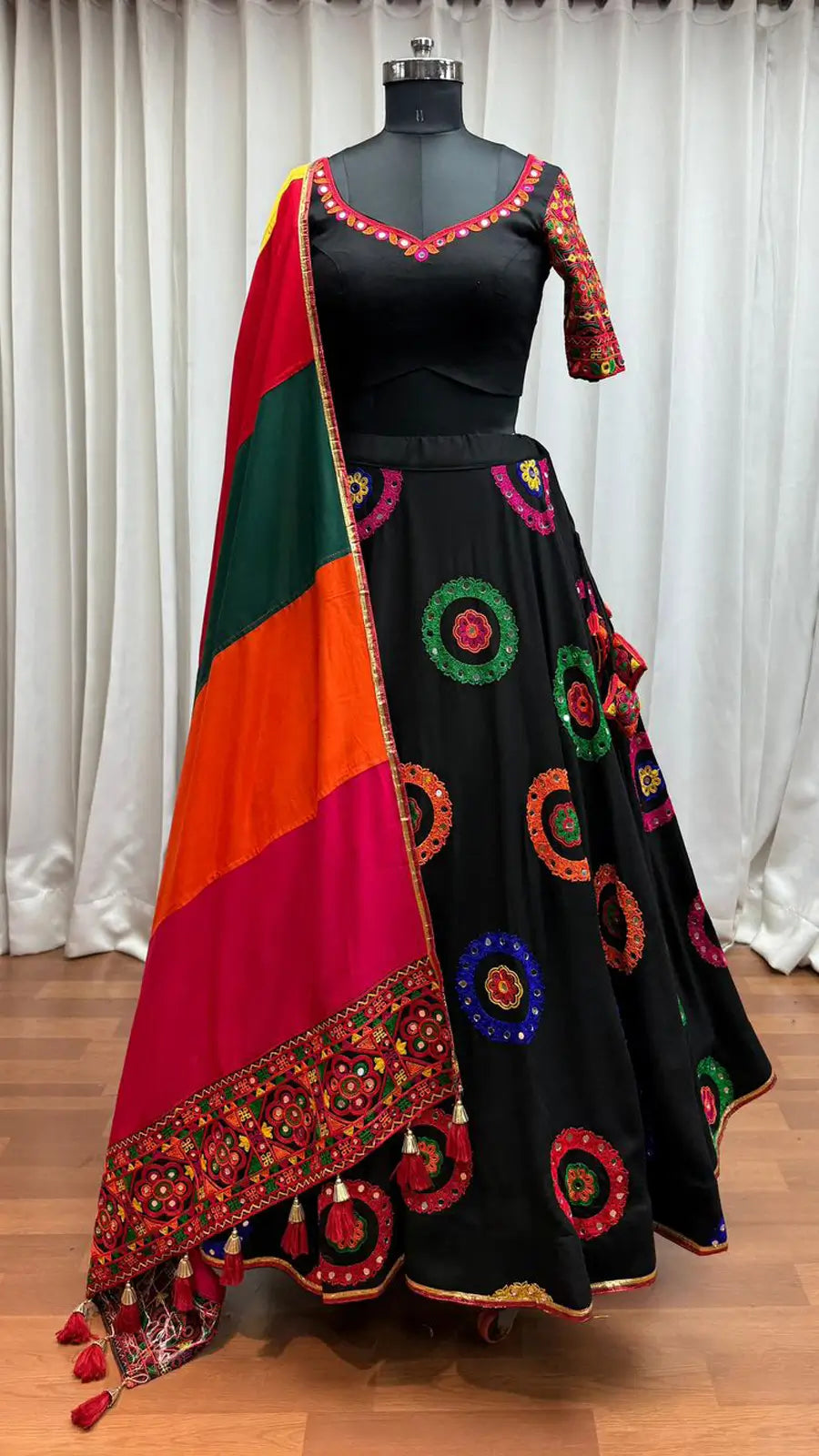 Black Navratri Lehenga With Embroidery & Mirror Work And Colorful Dupatta
