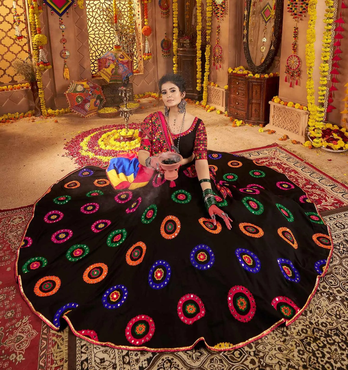 Black Navratri Lehenga With Embroidery & Mirror Work And Colorful Dupatta