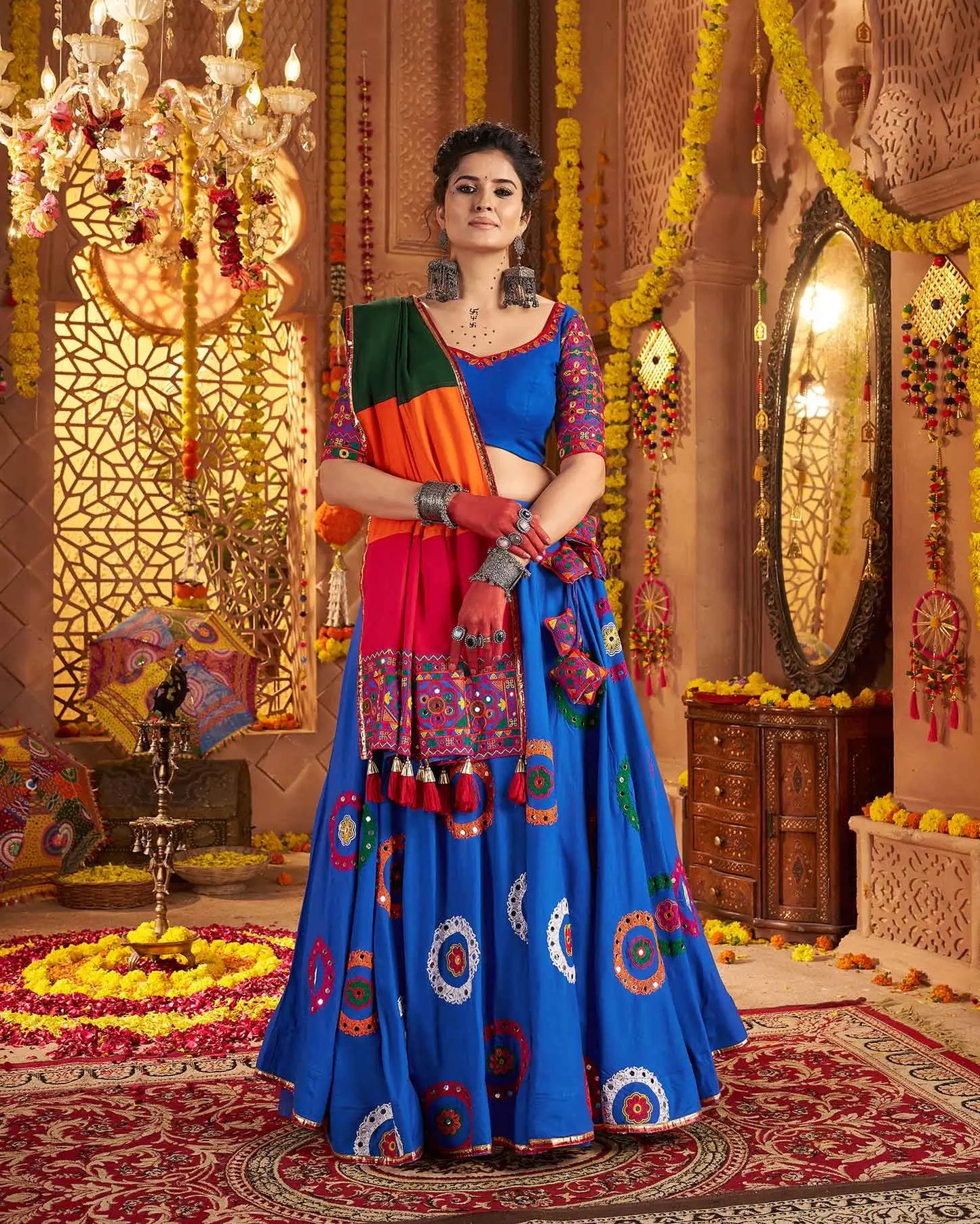 Royal Blue Navratri Lehenga With Embroidery & Mirror Work Colorful Dupatta