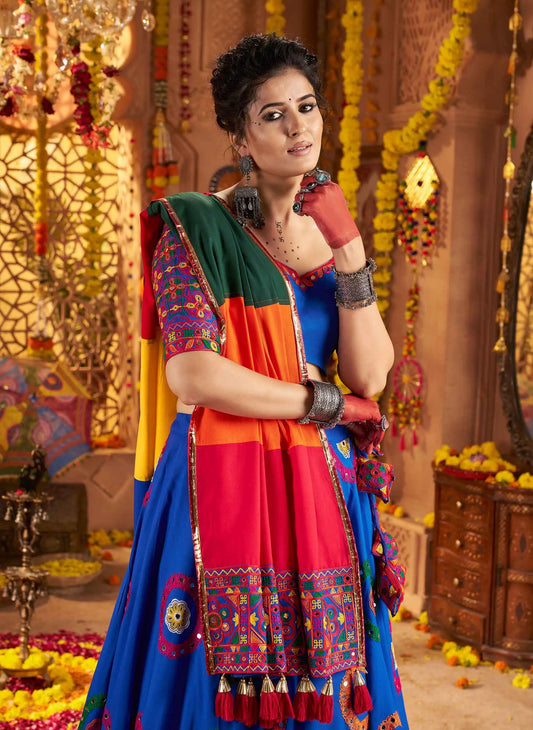 Royal Blue Navratri Lehenga With Embroidery & Mirror Work Colorful Dupatta