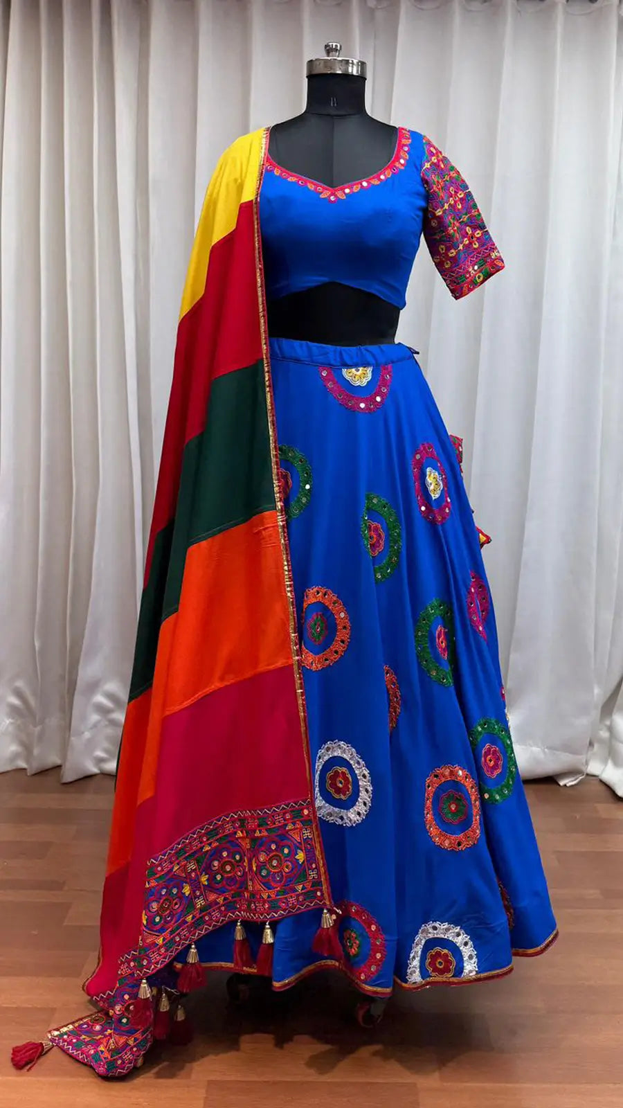 Royal Blue Navratri Lehenga With Embroidery & Mirror Work Colorful Dupatta