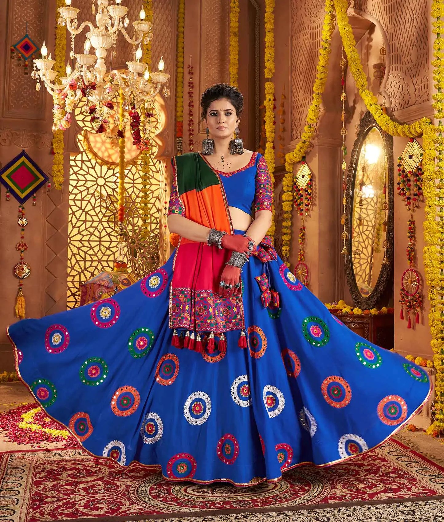Royal Blue Navratri Lehenga With Embroidery & Mirror Work Colorful Dupatta