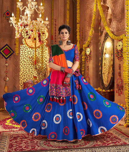 Royal Blue Navratri Lehenga With Embroidery & Mirror Work Colorful Dupatta