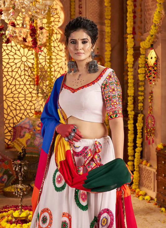 White Navratri Lehenga With Embroidery & Mirror Work With Colorful Dupatta
