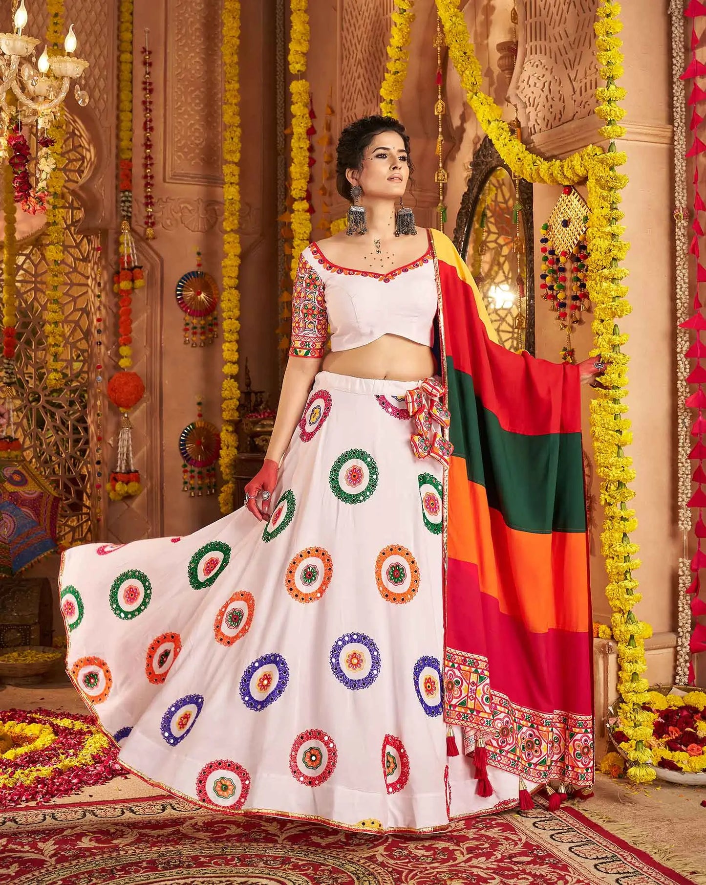 White Navratri Lehenga With Embroidery & Mirror Work With Colorful Dupatta