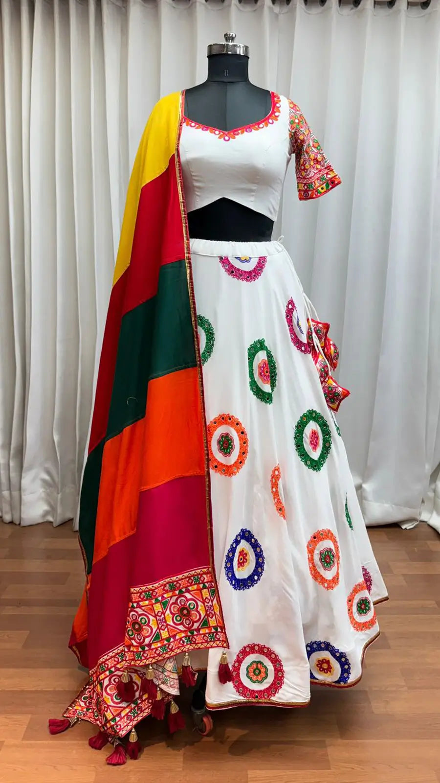 White Navratri Lehenga With Embroidery & Mirror Work With Colorful Dupatta