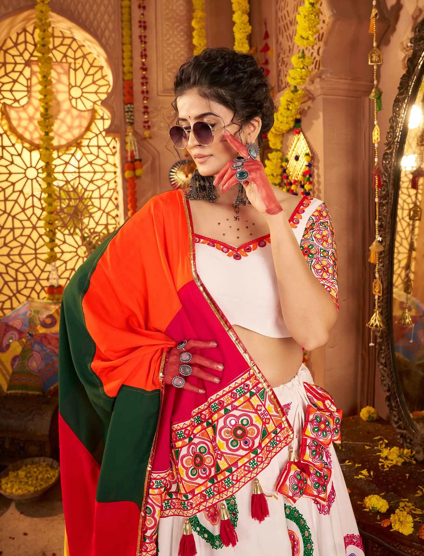 White Navratri Lehenga With Embroidery & Mirror Work With Colorful Dupatta