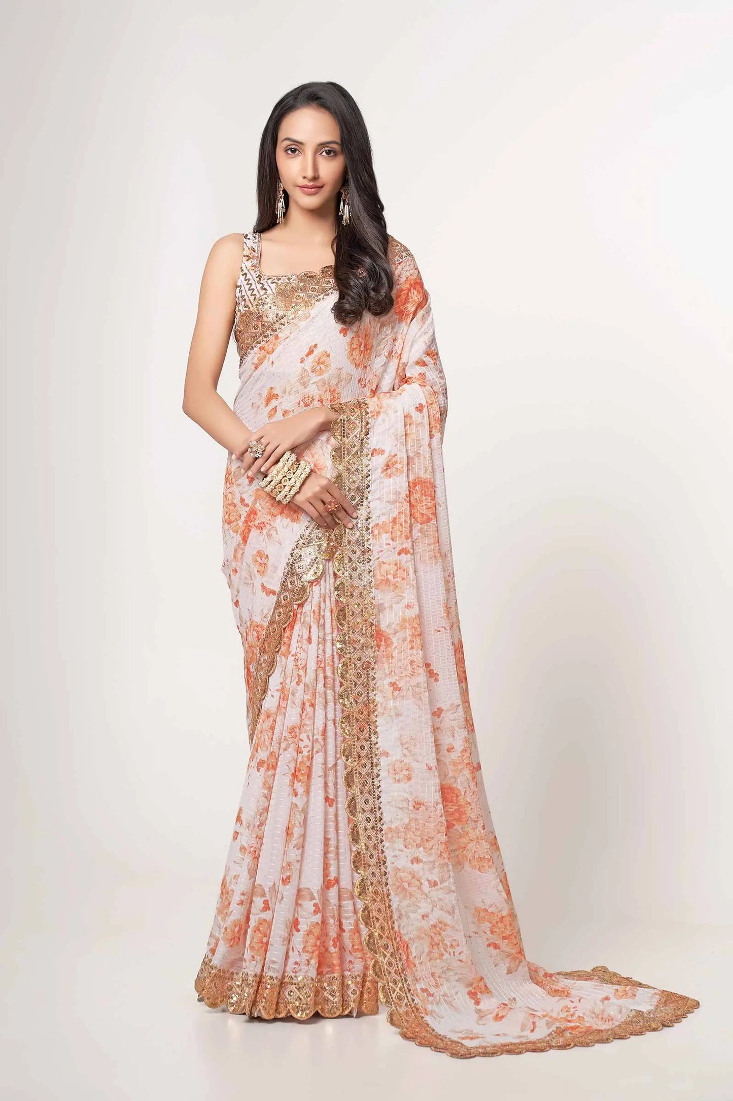 White Floral Print Organza Saree With Sequins Work