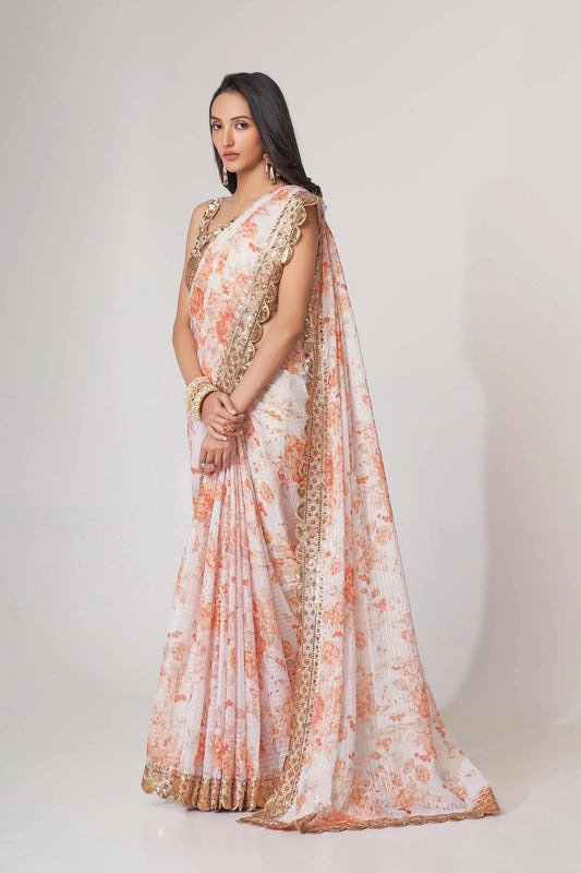 White Floral Print Organza Saree With Sequins Work
