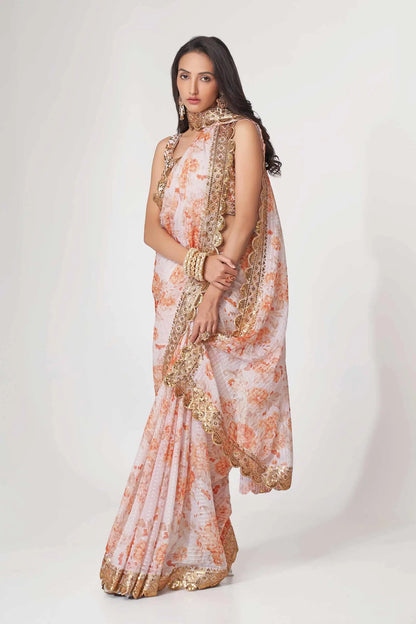 White Floral Print Organza Saree With Sequins Work