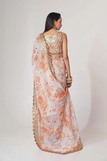 White Floral Print Organza Saree With Sequins Work