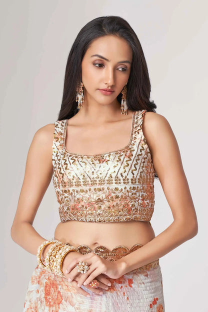 White Floral Print Organza Saree With Sequins Work