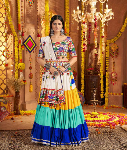 White Embroidery With Mirror Work Colorful Navratri Lehenga With Waist Belt