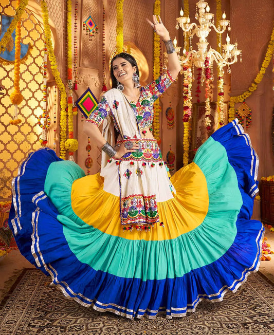 White Embroidery With Mirror Work Colorful Navratri Lehenga With Waist Belt