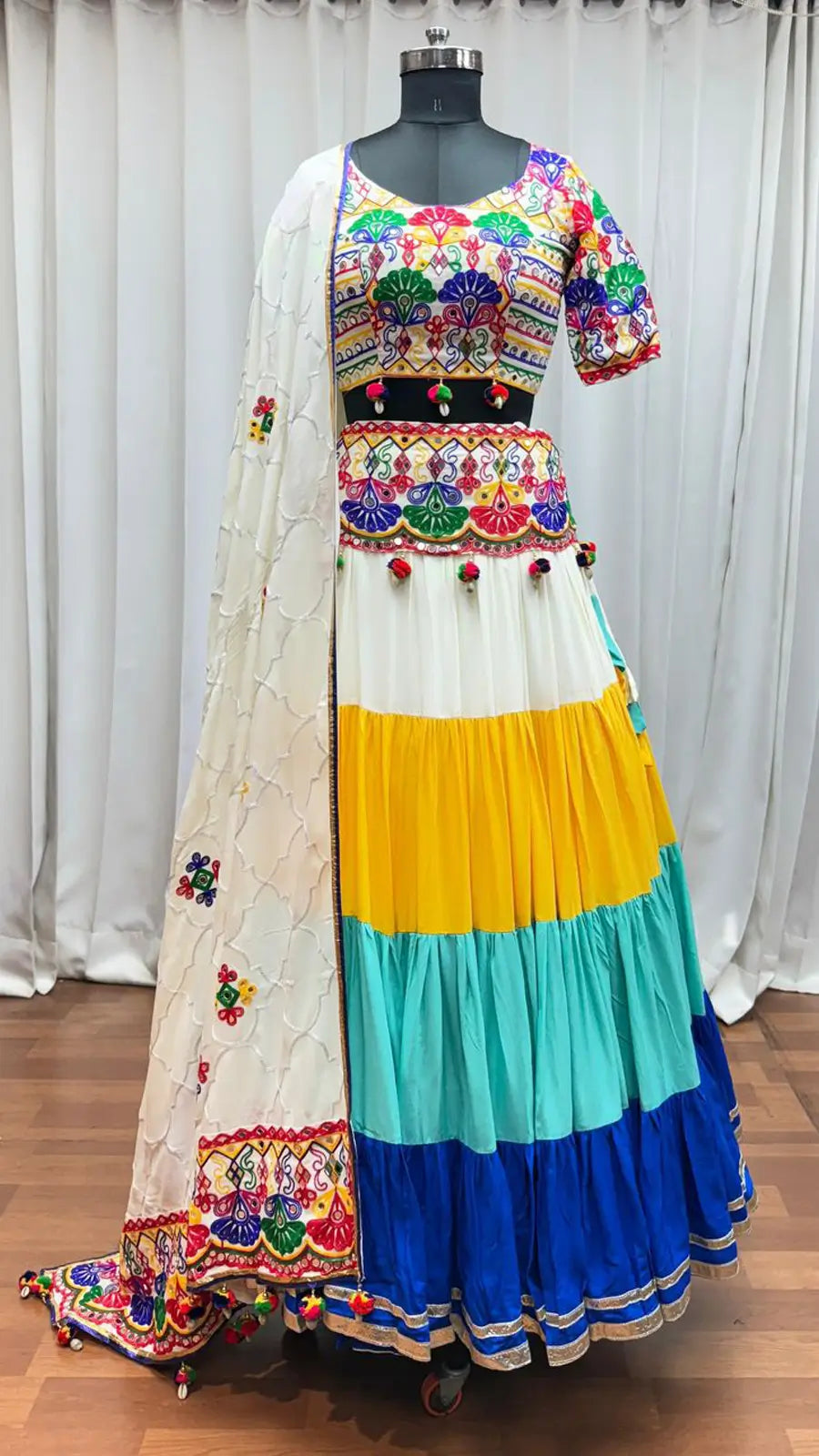 White Embroidery With Mirror Work Colorful Navratri Lehenga With Waist Belt