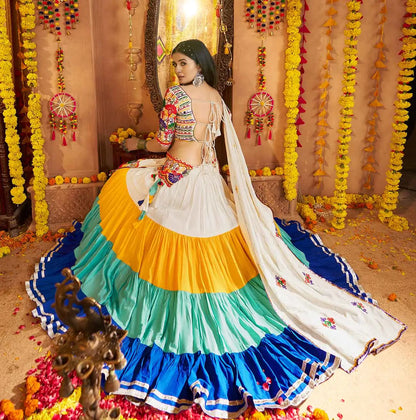White Embroidery With Mirror Work Colorful Navratri Lehenga With Waist Belt