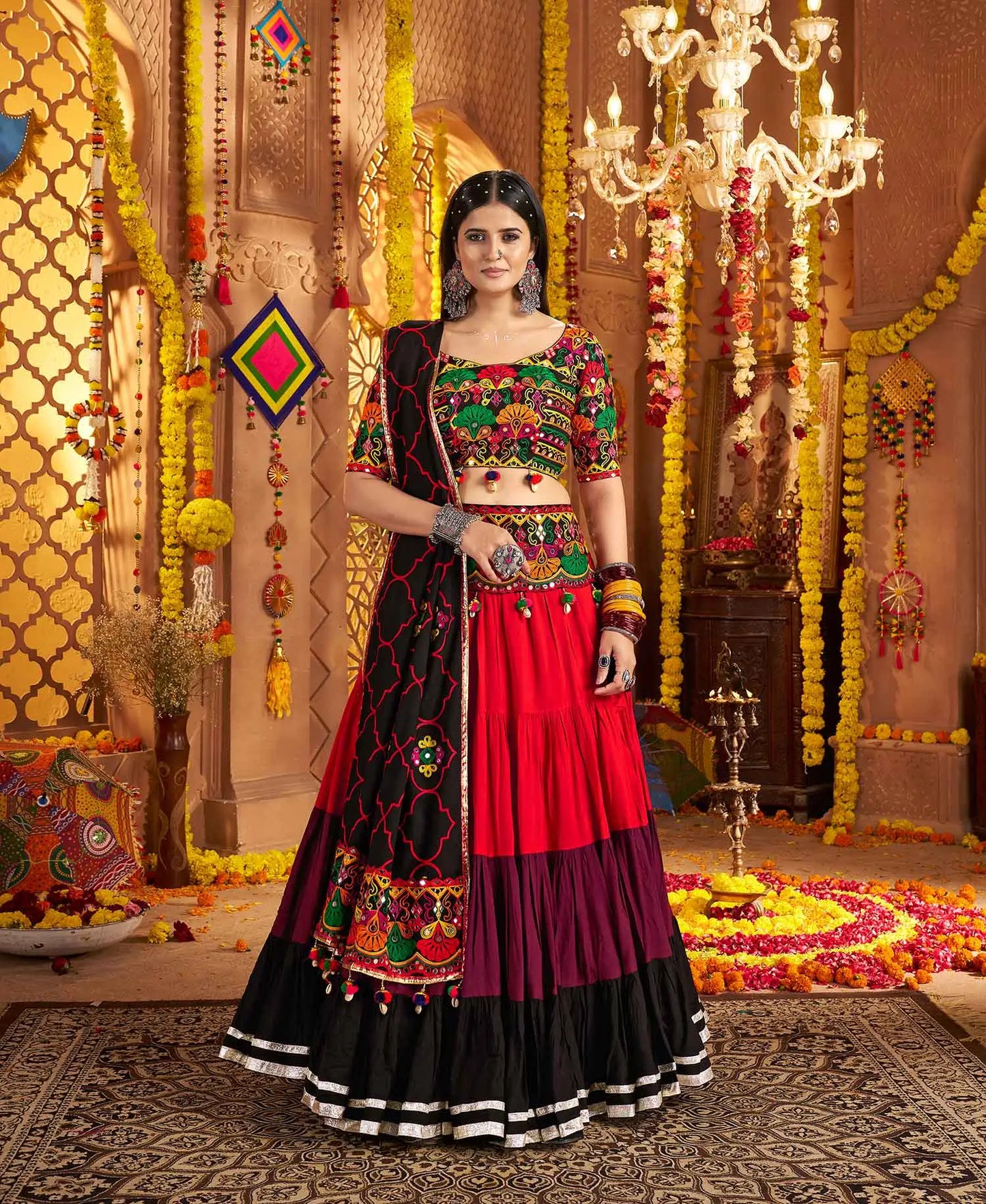 Black Embroidery With Mirror Work Colorful Navratri Lehenga With Waist Belt