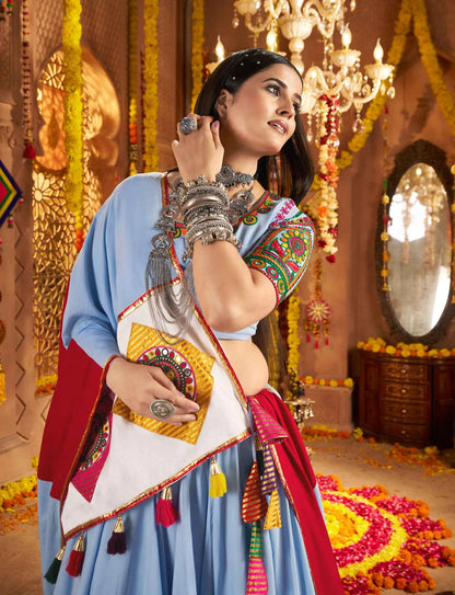 Sky Blue Navratri Lehenga With Embroidery & Jacquard Patch Work