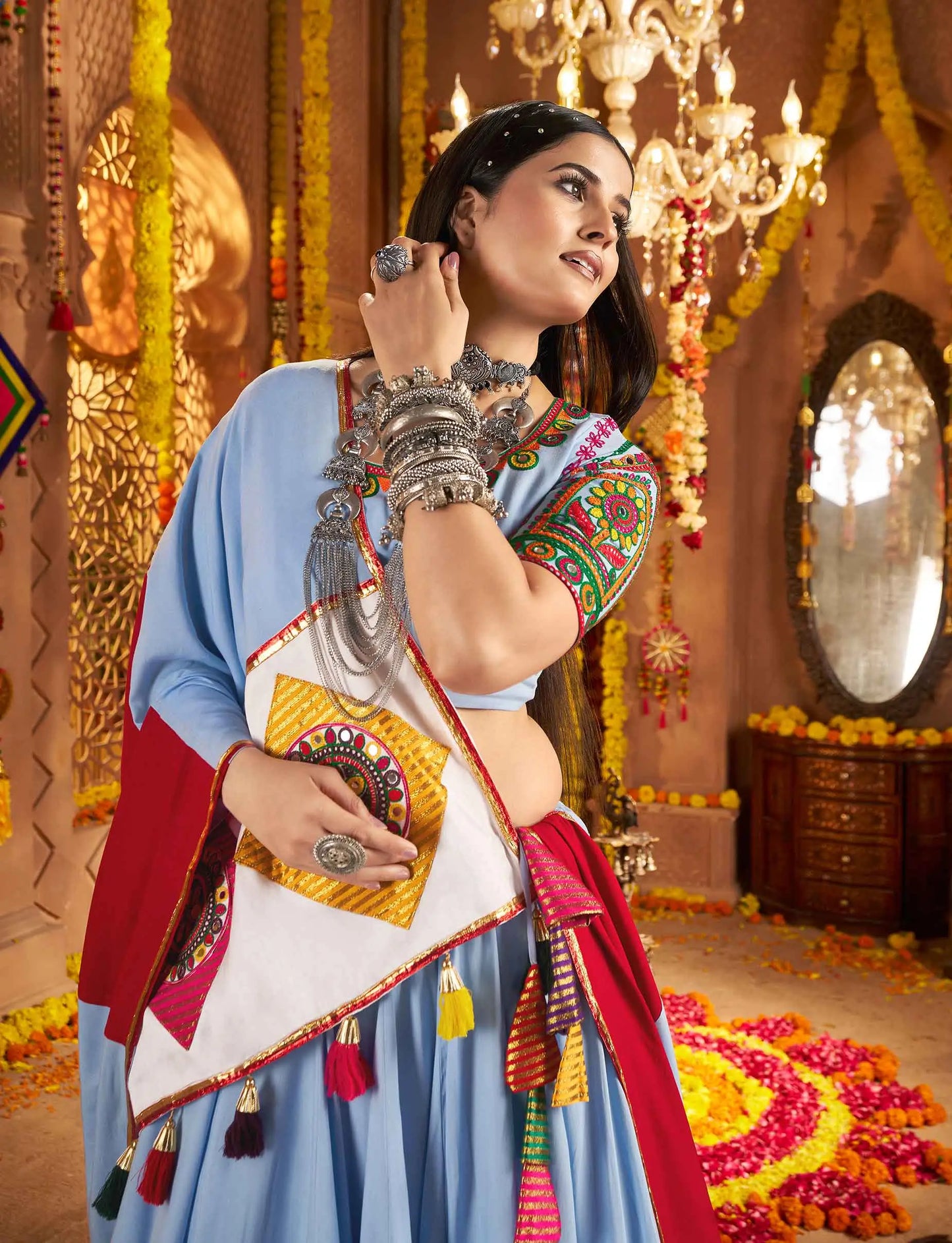Sky Blue Navratri Lehenga With Embroidery & Jacquard Patch Work