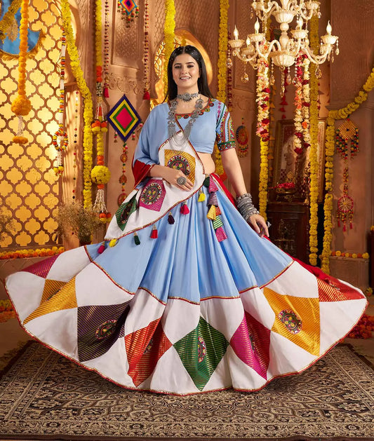 Sky Blue Navratri Lehenga With Embroidery & Jacquard Patch Work