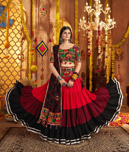 Black Embroidery With Mirror Work Colorful Navratri Lehenga With Waist Belt