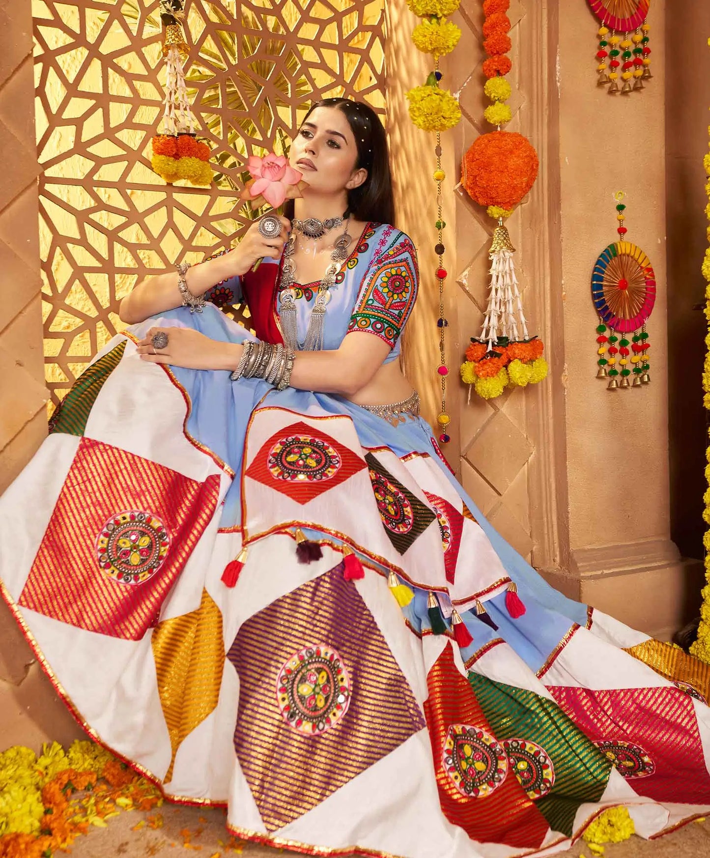 Sky Blue Navratri Lehenga With Embroidery & Jacquard Patch Work