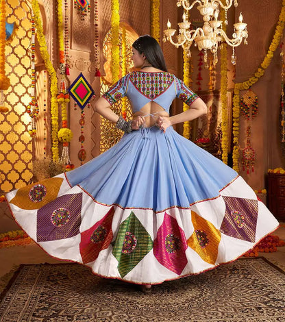 Sky Blue Navratri Lehenga With Embroidery & Jacquard Patch Work