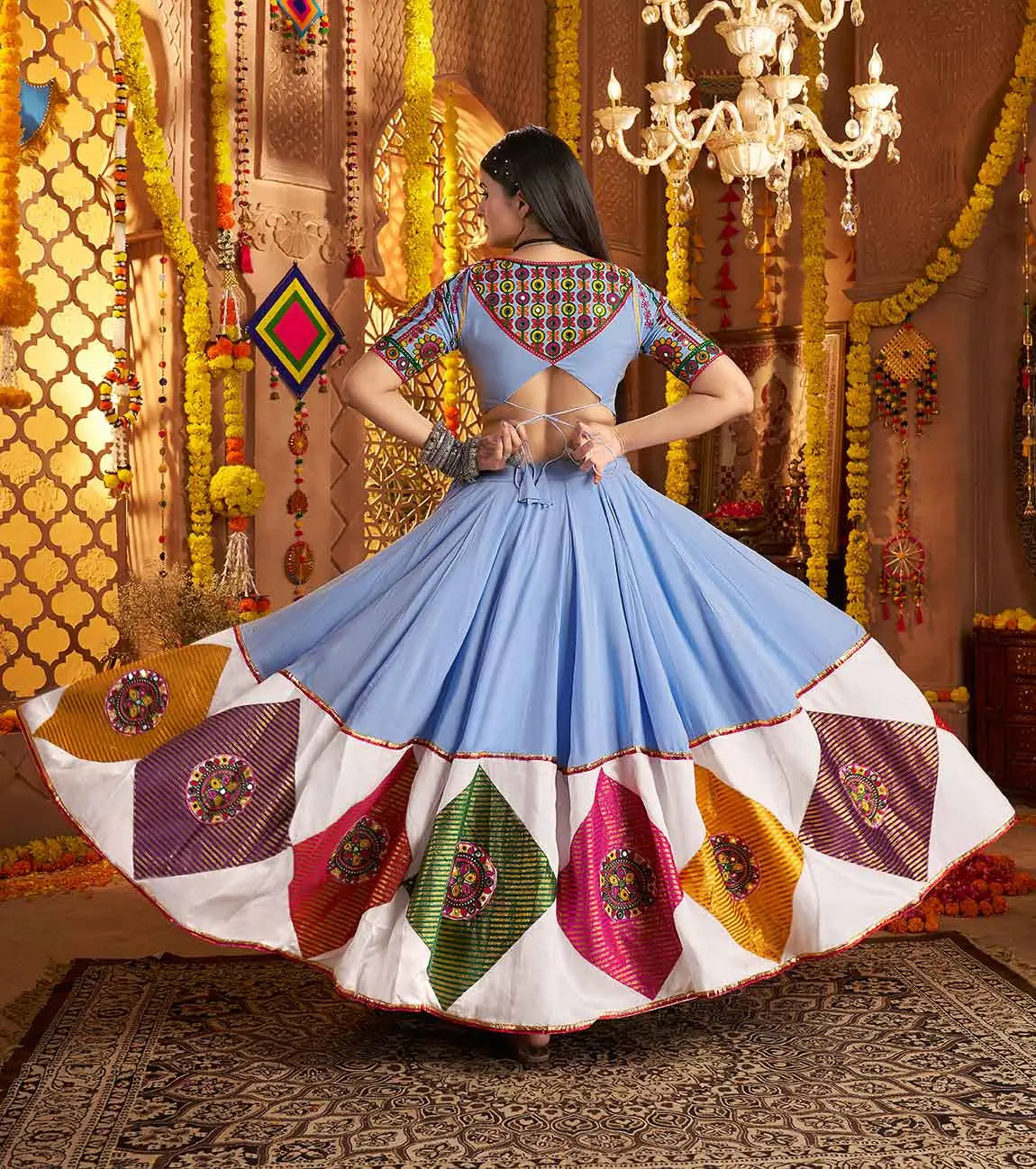 Sky Blue Navratri Lehenga With Embroidery & Jacquard Patch Work