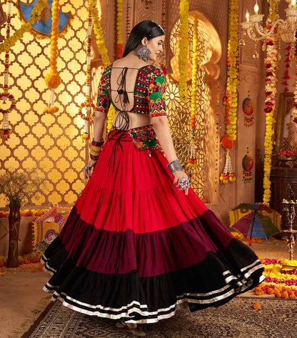 Black Embroidery With Mirror Work Colorful Navratri Lehenga With Waist Belt