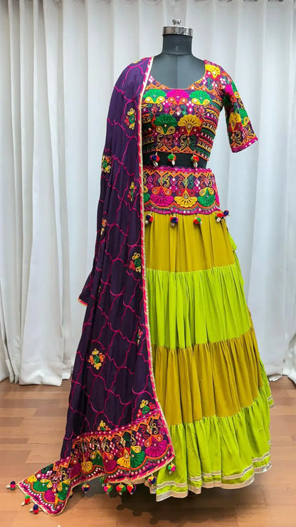 Dark Purple Embroidery & Mirror Work Colorful Navratri Lehenga With Waist Belt