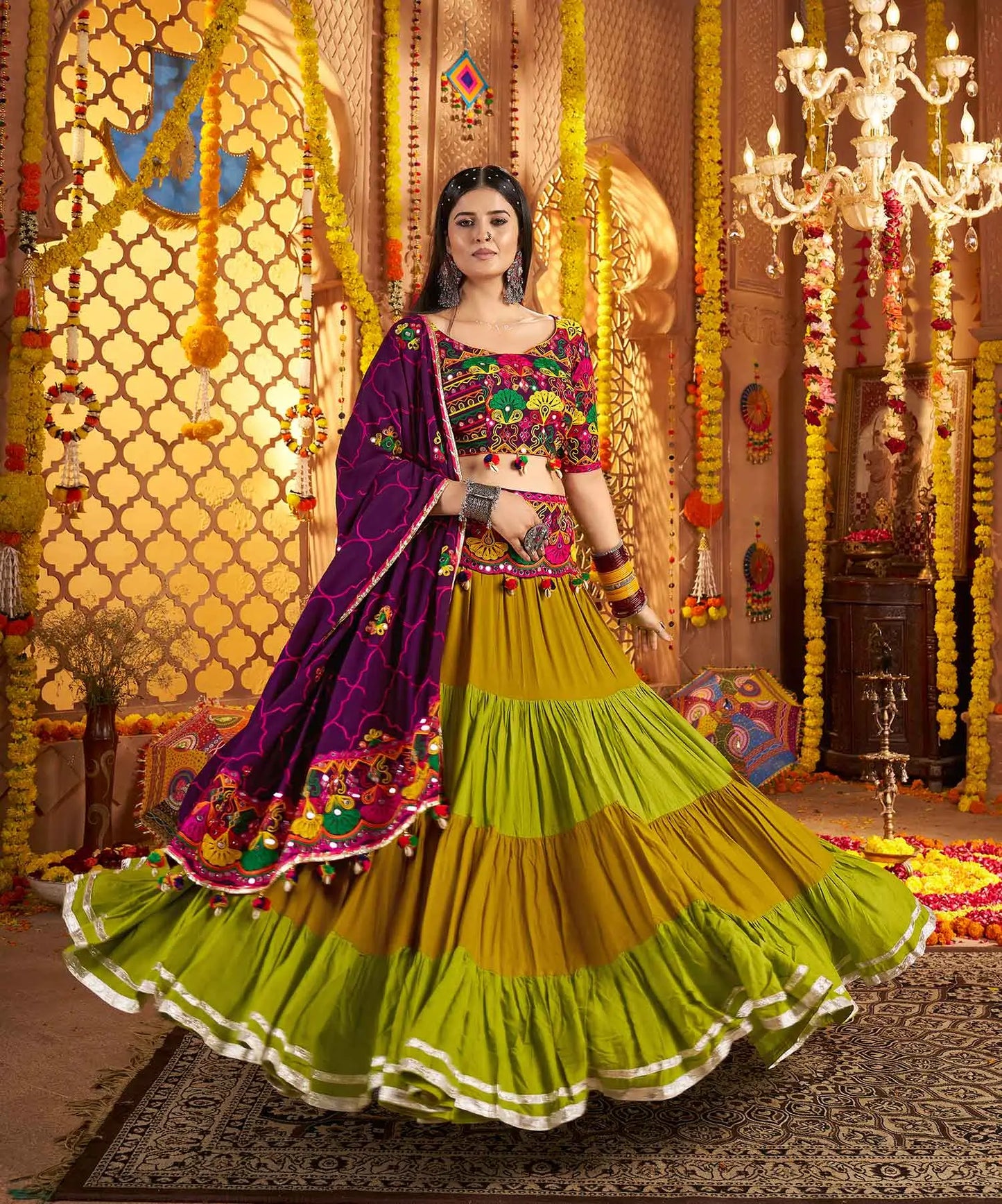 Dark Purple Embroidery & Mirror Work Colorful Navratri Lehenga With Waist Belt