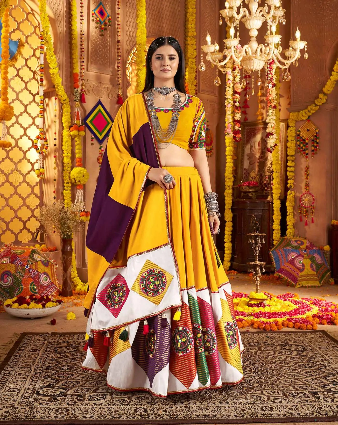 Yellow Navratri Lehenga With Embroidery & Colorful Jacquard Patch Work