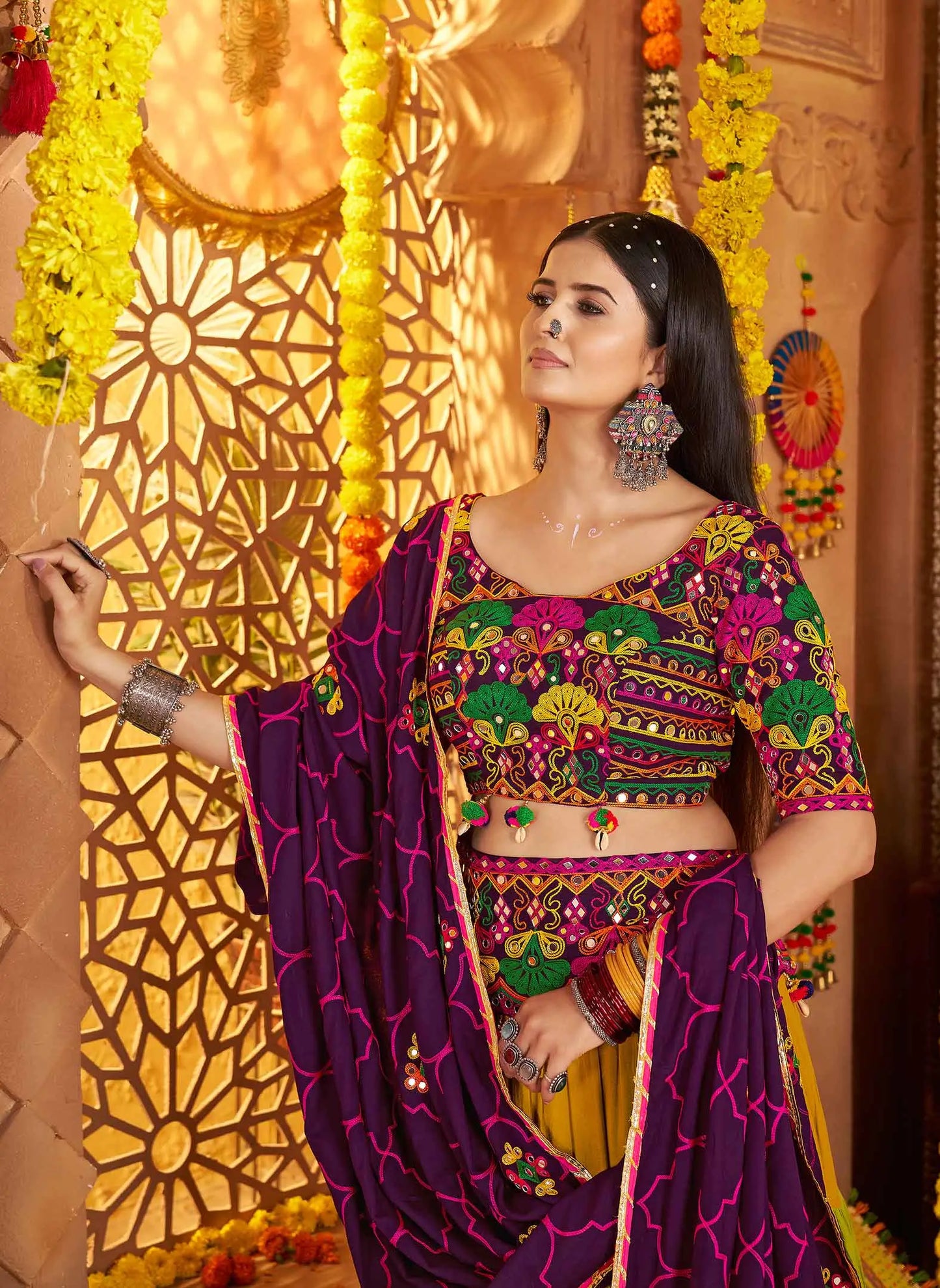 Dark Purple Embroidery & Mirror Work Colorful Navratri Lehenga With Waist Belt