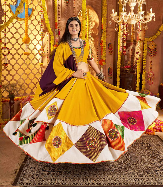 Yellow Navratri Lehenga With Embroidery & Colorful Jacquard Patch Work