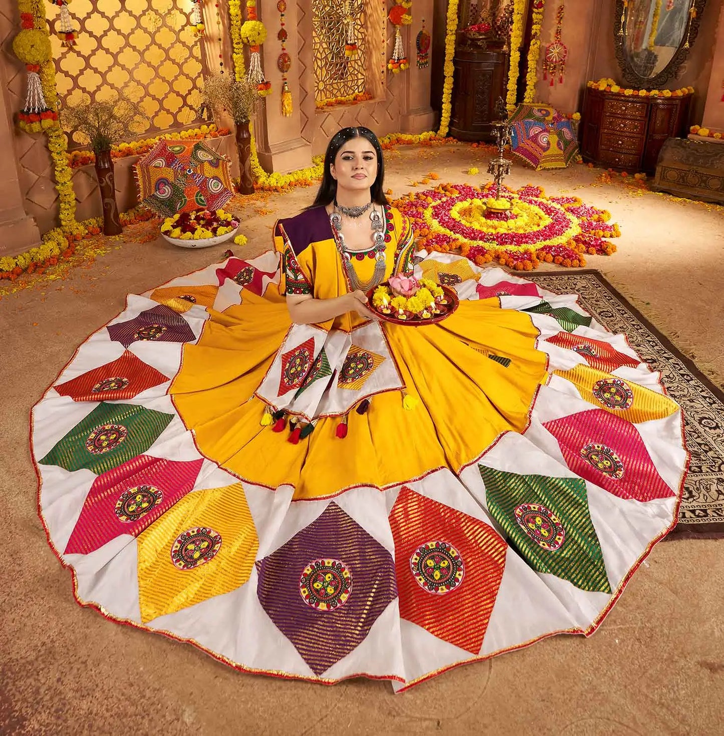 Yellow Navratri Lehenga With Embroidery & Colorful Jacquard Patch Work