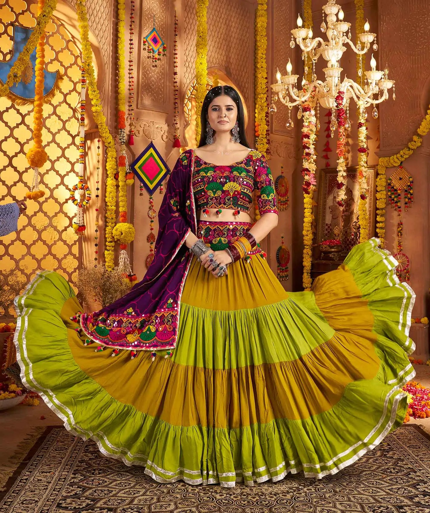 Dark Purple Embroidery & Mirror Work Colorful Navratri Lehenga With Waist Belt