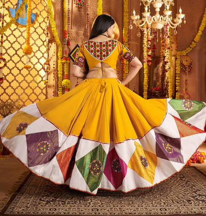 Yellow Navratri Lehenga With Embroidery & Colorful Jacquard Patch Work