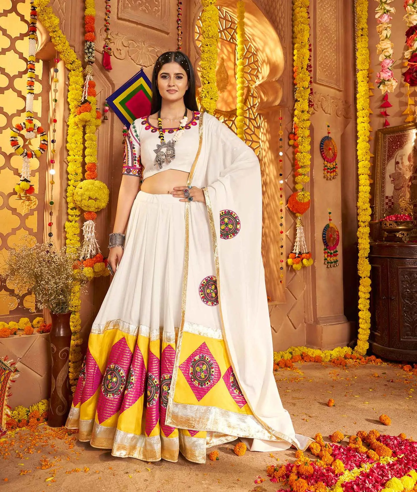 White Navratri Lehenga With Embroidery Mirror & Jacquard Patch Work