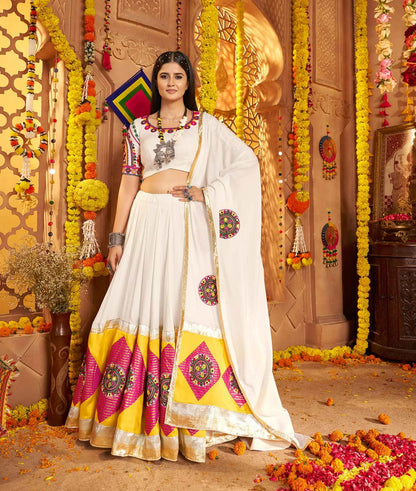 White Navratri Lehenga With Embroidery Mirror & Jacquard Patch Work