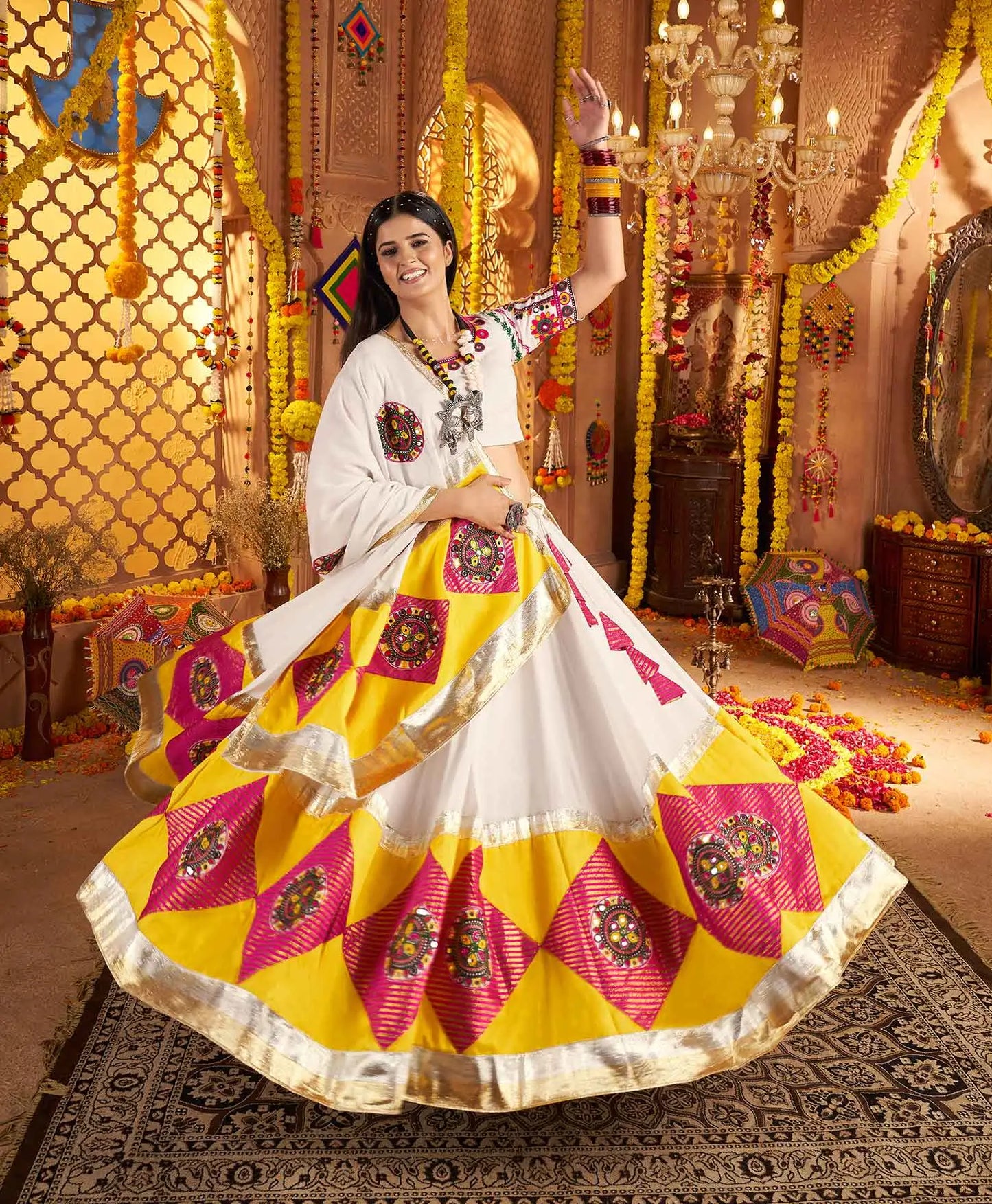 White Navratri Lehenga With Embroidery Mirror & Jacquard Patch Work