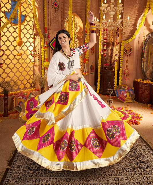 White Navratri Lehenga With Embroidery Mirror & Jacquard Patch Work