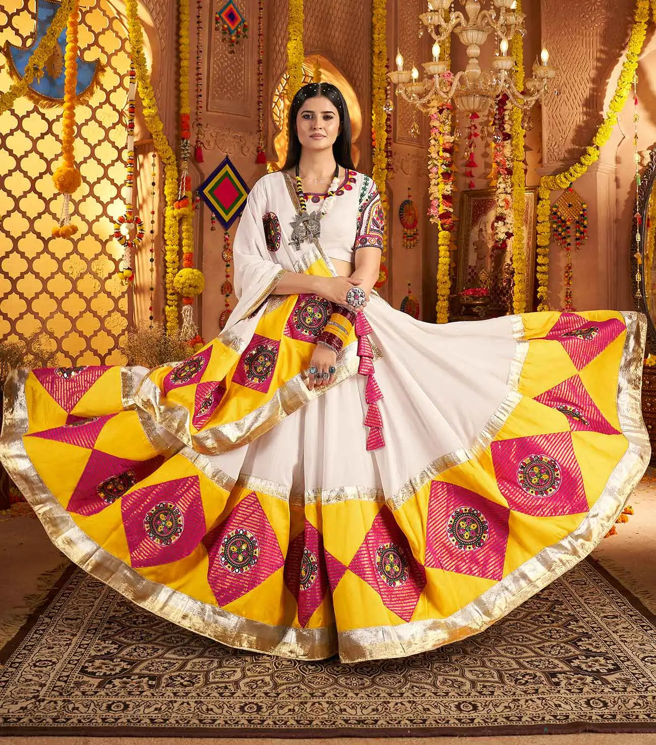 White Navratri Lehenga With Embroidery Mirror & Jacquard Patch Work