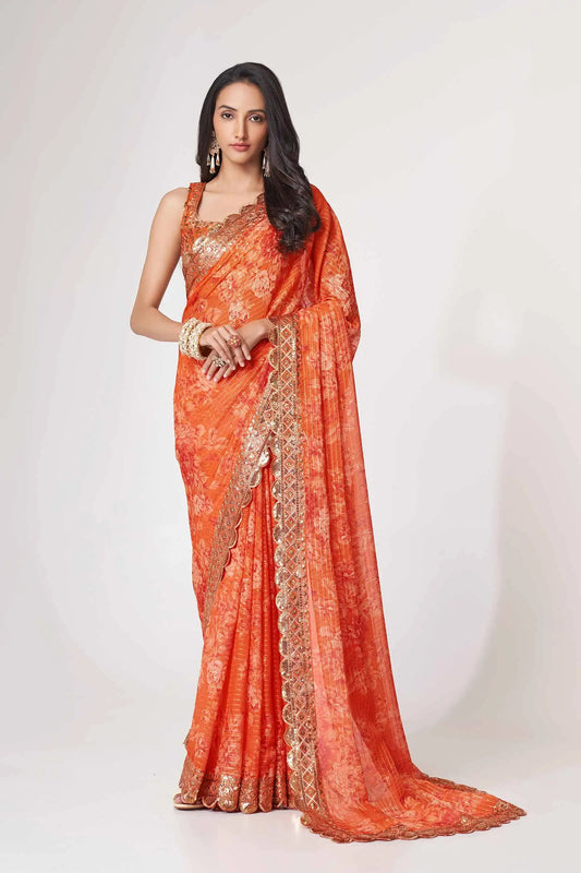 Orange Floral Print Organza Saree With Sequins Work