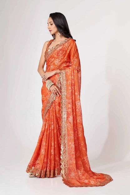 Orange Floral Print Organza Saree With Sequins Work